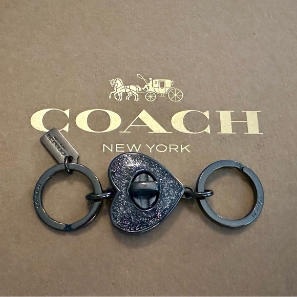 Coach Black Gray Glitter Turn Lock Heart Valet Keychain Bag Charm in Gunmetal - Picture 1 of 15